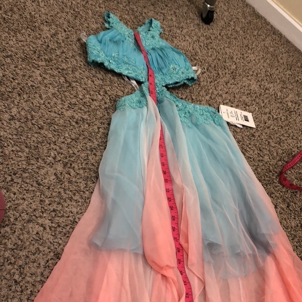 NWT Sherri Hill Dress Size 0 Pastel Blue Coral Orange Ombre Hi Low Cutout Gown - Picture 9 of 10